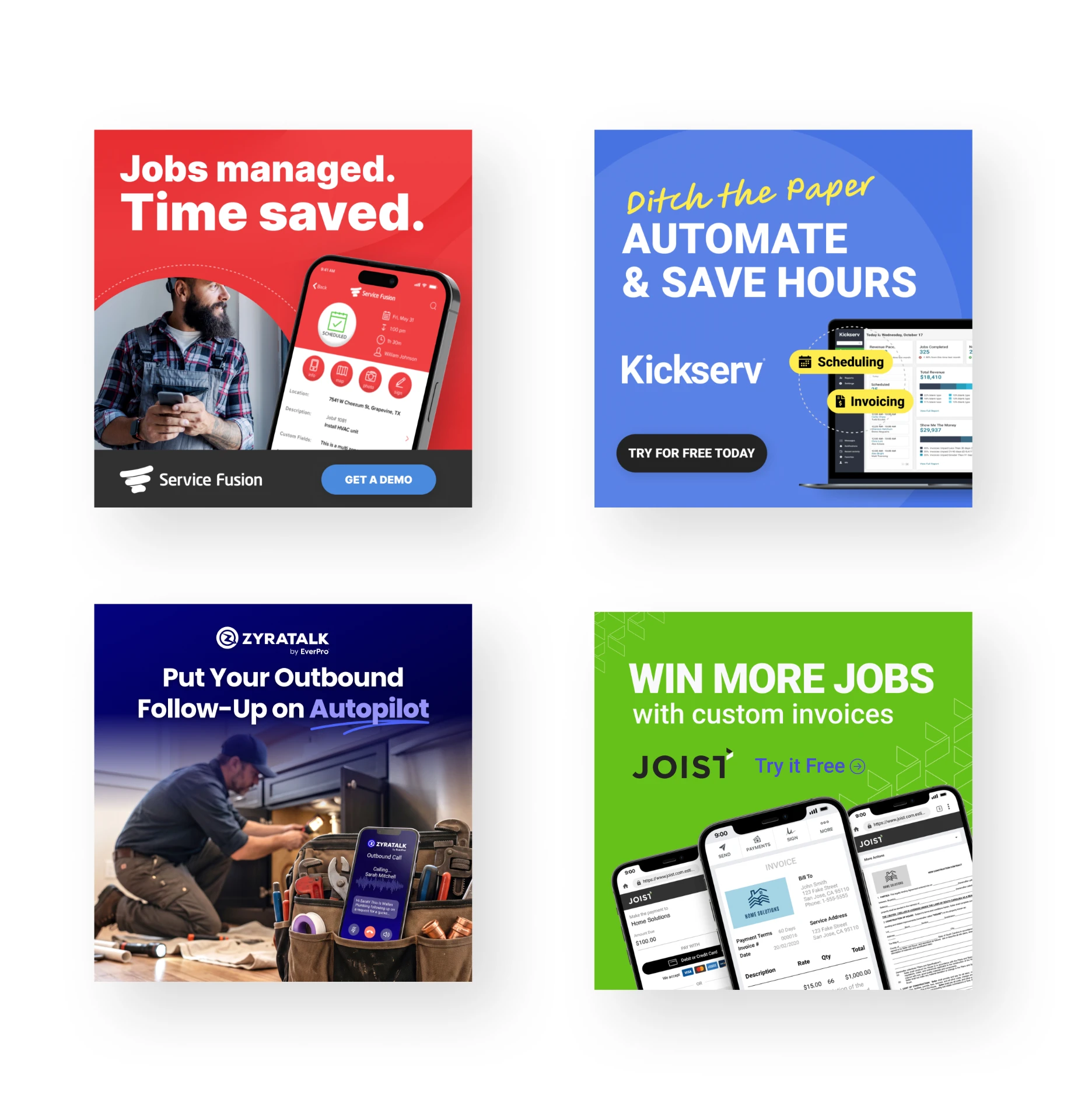 Service Fusion, Kickserv, Zyratalk, and Joist digital ads